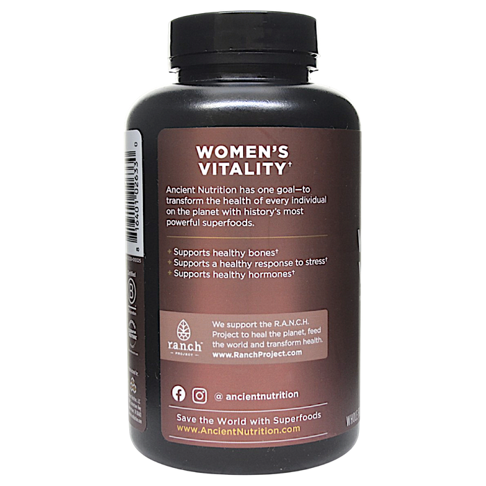 Ancient Nutrition Women's Vitality 180 capsules label information panel