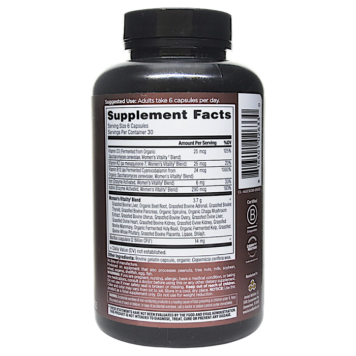 Ancient Nutrition Women's Vitality 180 capsules supplement facts label