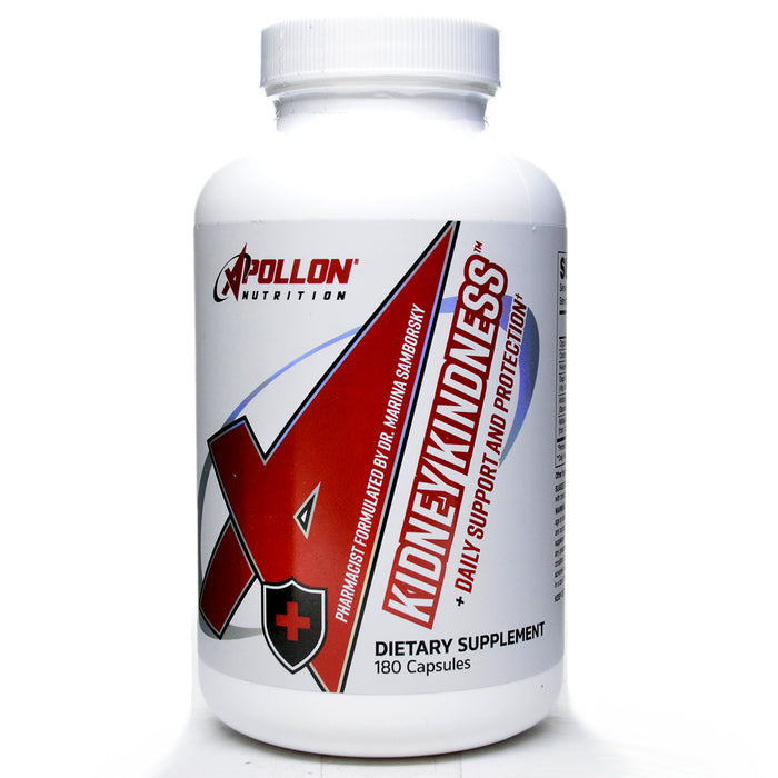 A white plastic bottle of Apollon Nutrition Kidney Kindness dietary supplement, containing 180 capsules, on a clean white background.