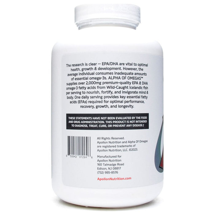 Apollon Nutrition Alpha of Omegas Fish Oil 180 capsules label information panel
