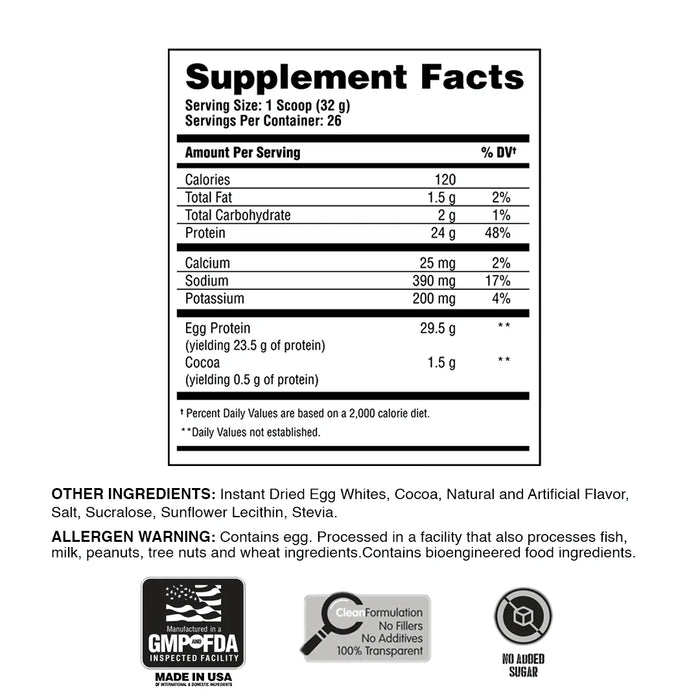 Apollon Nutrition Egg-Cellent Pure Egg Protein Chocolate Marshmallow 26 servings supplement facts label
