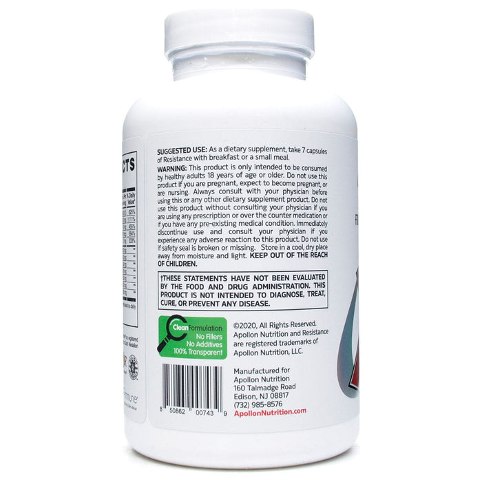 Apollon Nutrition Resistance Immune Support 210 vegetable capsules label information panel