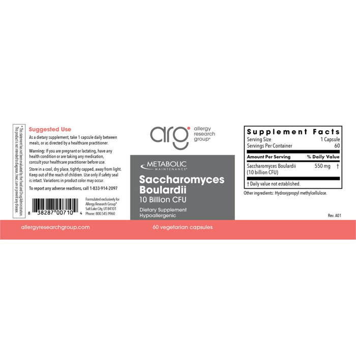 Supplement label for Saccharomyces Boulardii with ARG Allergy Research Group branding.
