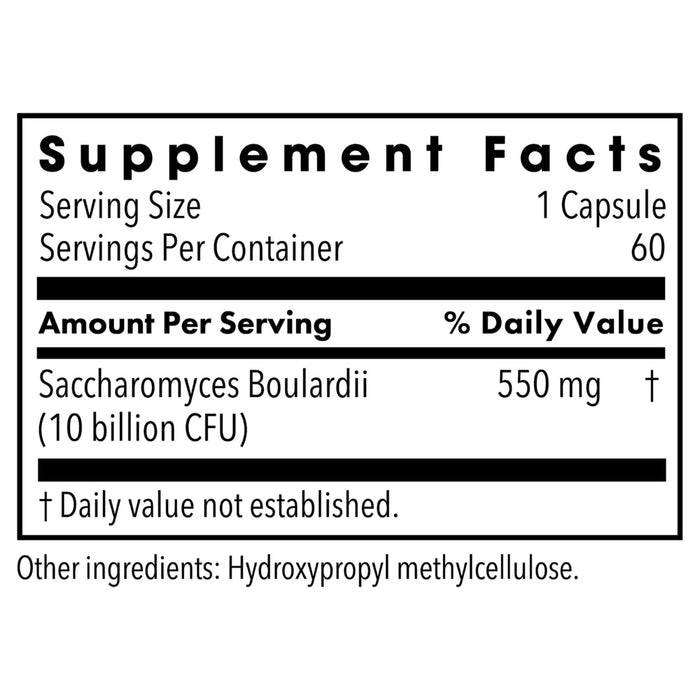 Supplement facts label for Saccharomyces Boulardii with serving size and container details.