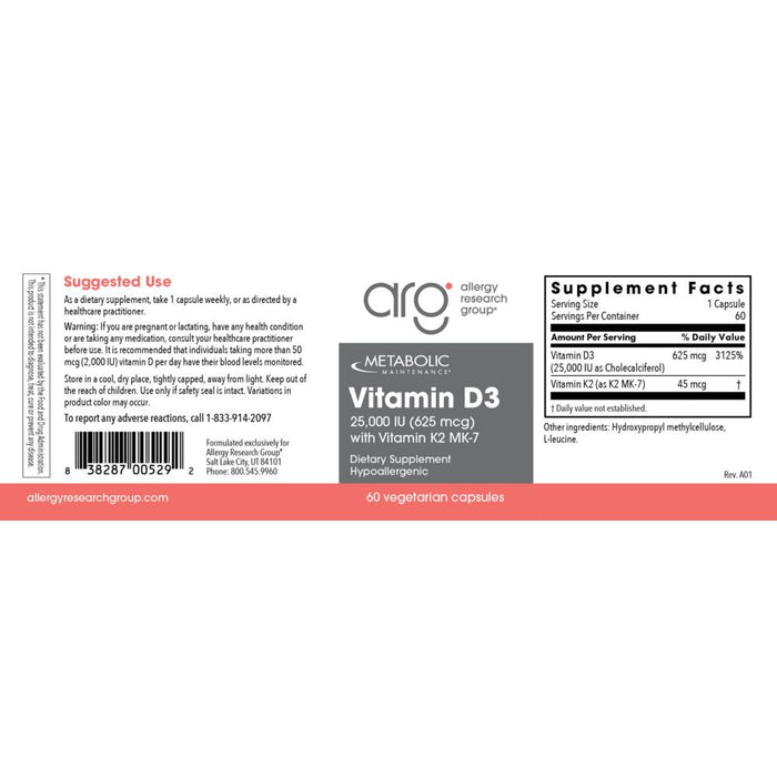 Supplement label for Vitamin D3 with serving size, amount per container, and supplement facts.