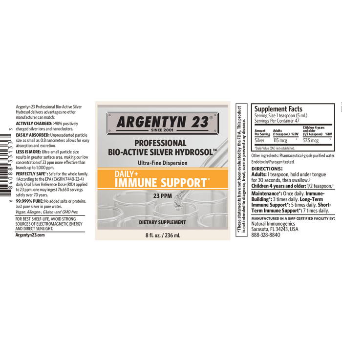 Argentyn 23 Bio-Active Silver Hydrosol Daily+ Immune Support 23 ppm 8 fl oz full label