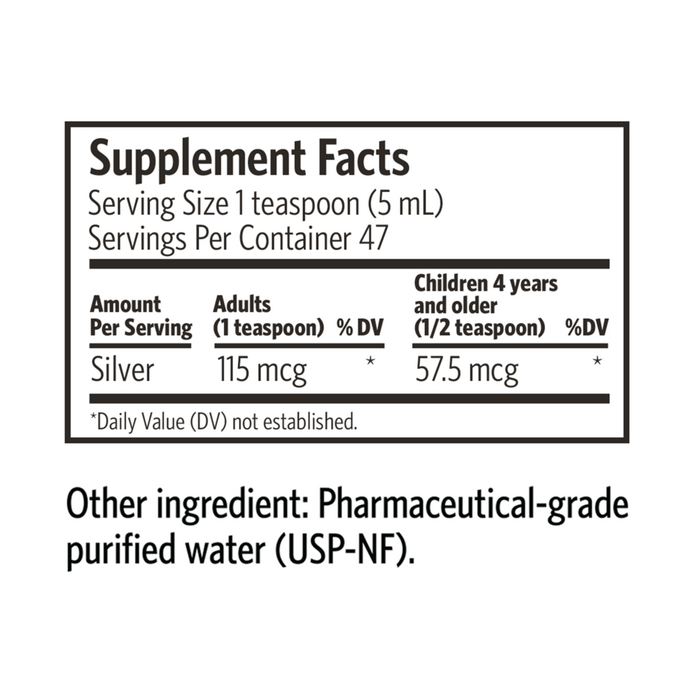 Argentyn 23 Bio-Active Silver Hydrosol Daily+ Immune Support 23 ppm 8 fl oz supplement facts label