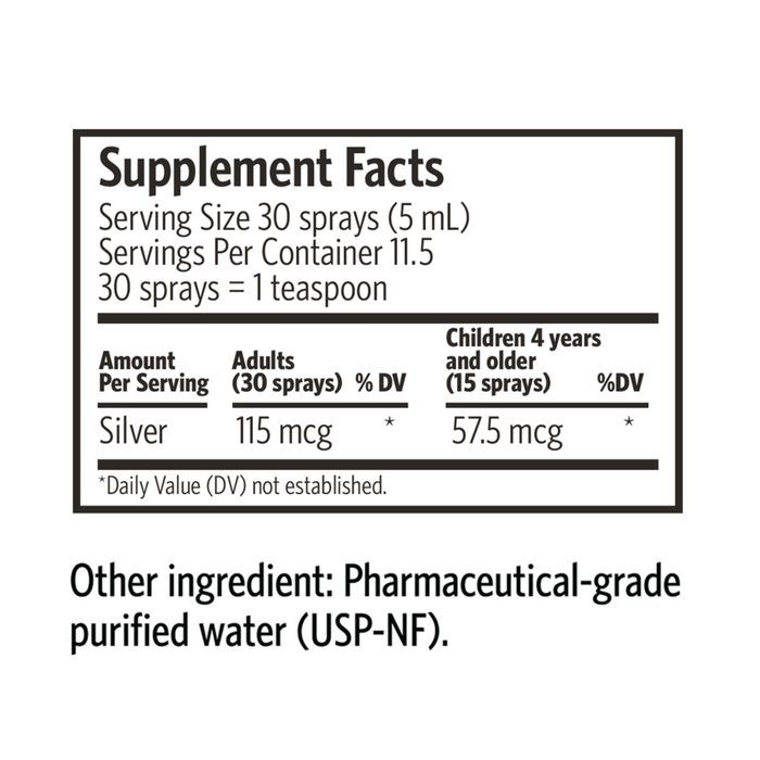 Argentyn 23 Bio-Active Silver Hydrosol Spray 23 ppm 2 fl oz supplement facts label