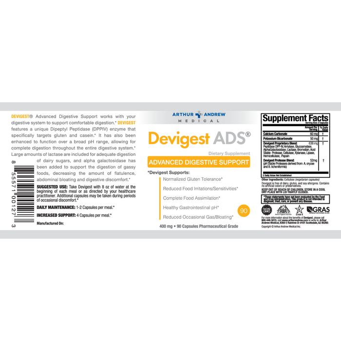 Arthur Andrew Medical Devigest ADS 90 capsules full label