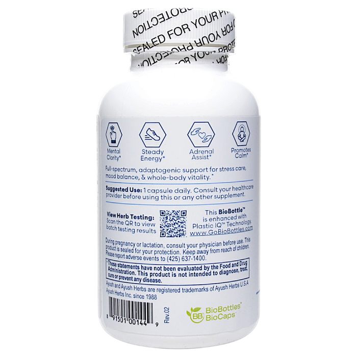 Ayush Herbs Ashwagandha 120 capsules suggested use label