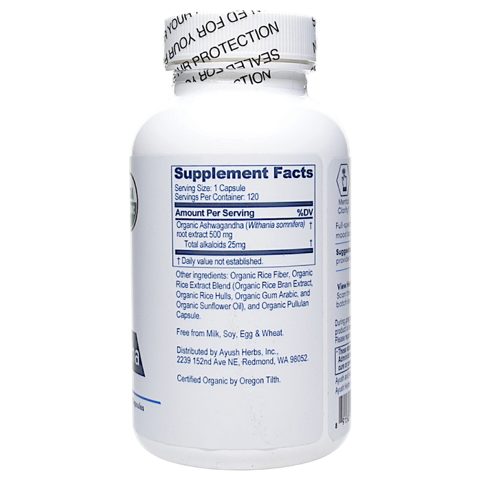 Ayush Herbs Ashwagandha 120 capsules supplement facts label