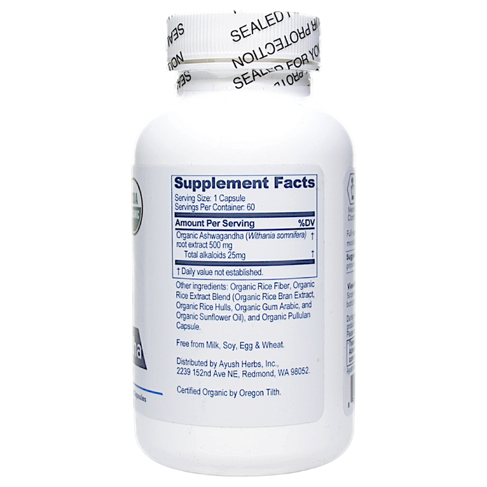 Ayush Herbs Ashwagandha 60 capsules supplement facts label