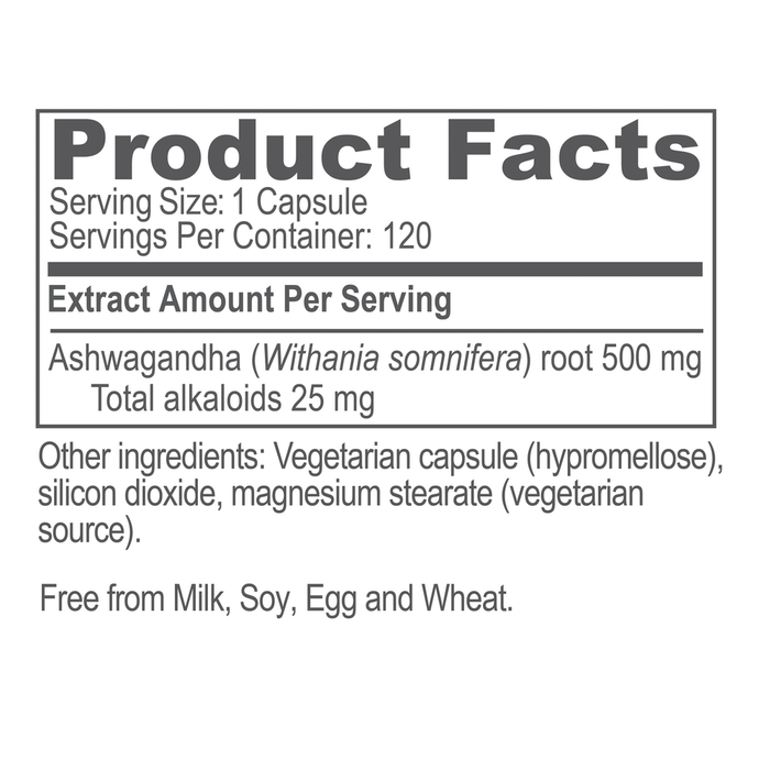 Ayush Herbs Ashwagandha 90 capsules product facts label