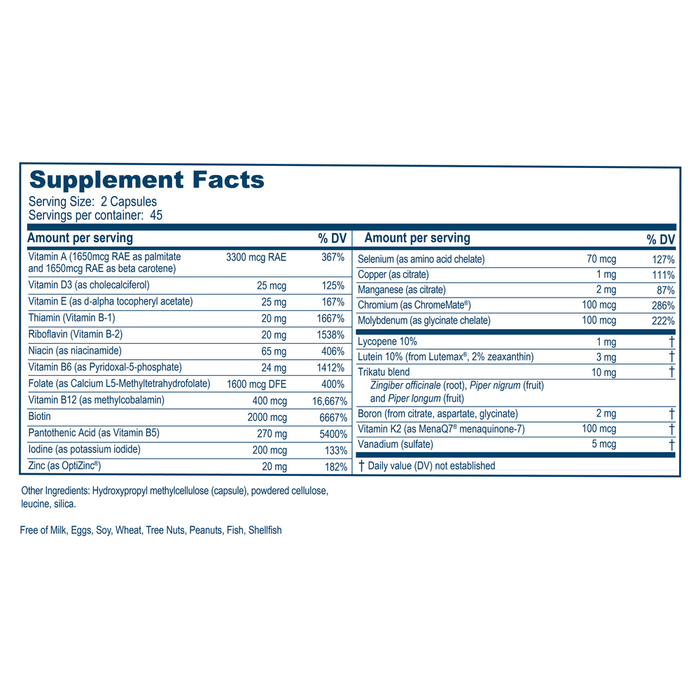 Ayush Herbs AyushMulti 90 capsules supplement facts label