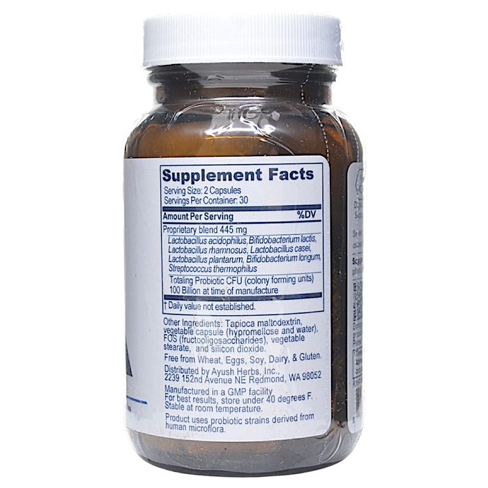 Ayush Herbs Probiotic 100B 60 capsules supplement facts label