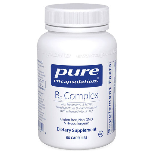 A bottle of Pure Encapsulations B-6 Complex dietary supplement containing capsules. The label is white and blue with additional text indicating gluten-free, non-GMO, and hypoallergenic properties 60 caps