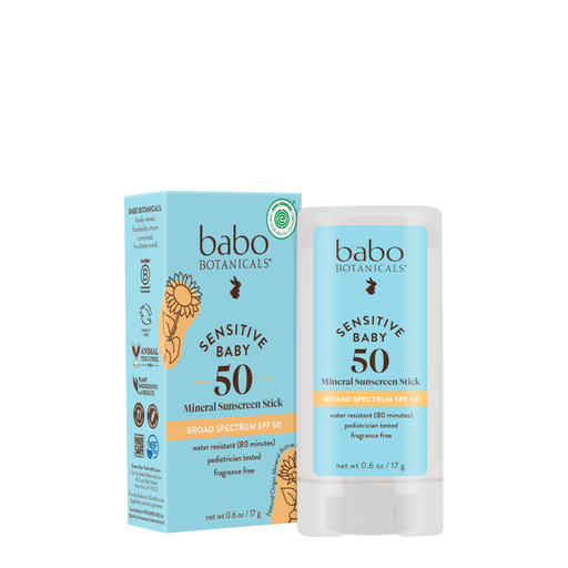 Babo Botanicals Baby Face SPF 50 Mineral Sunscreen Stick, 0.6 oz, front of stick with box
