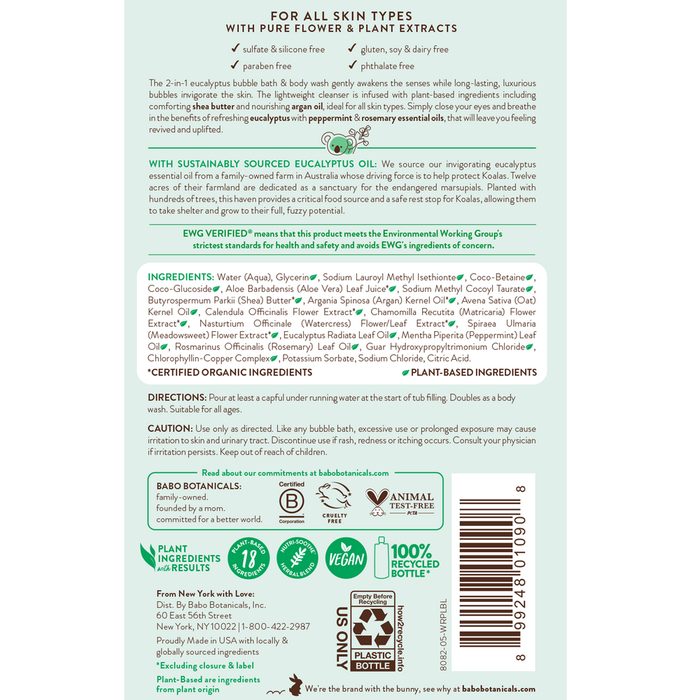 Back label of a product with text, icons, and a barcode on a light green background