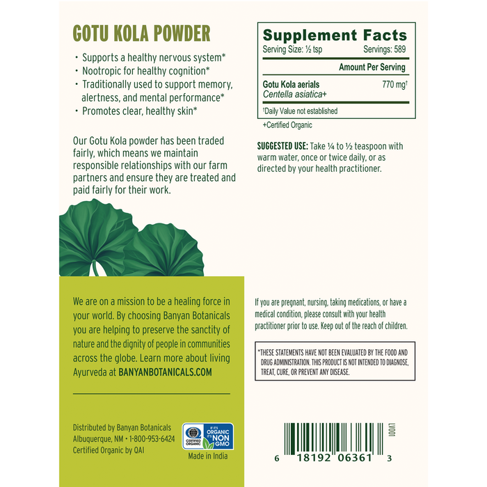 Banyan Botanicals Gotu Kola Powder Supplement Facts