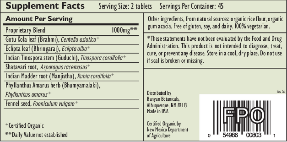 Banyan Botanicals Healthy Pitta Supplement Facts