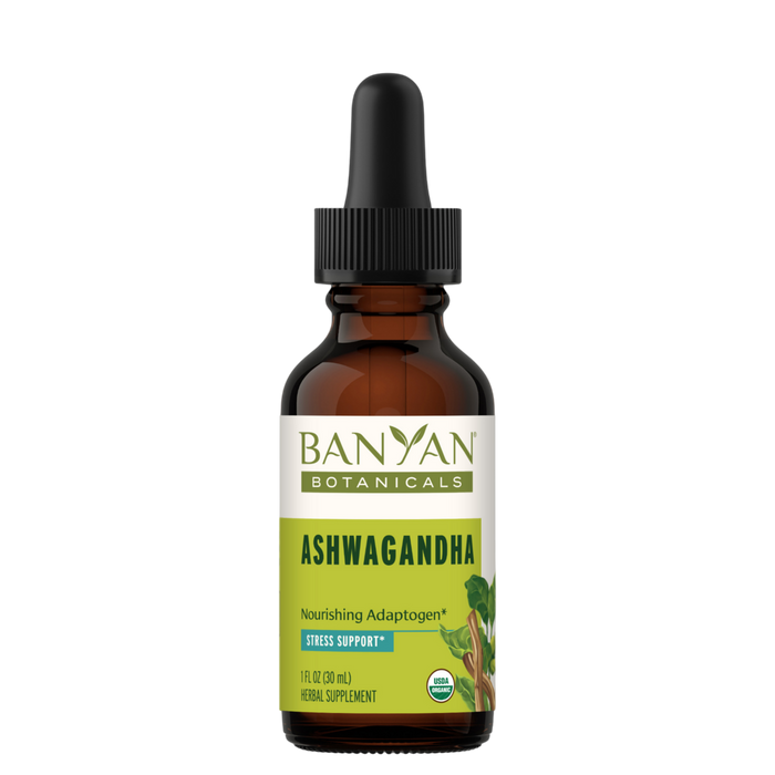 Banyan Botanicals Organic Ashwagandha Liquid Extract, 1 fl oz, front of dropper bottle