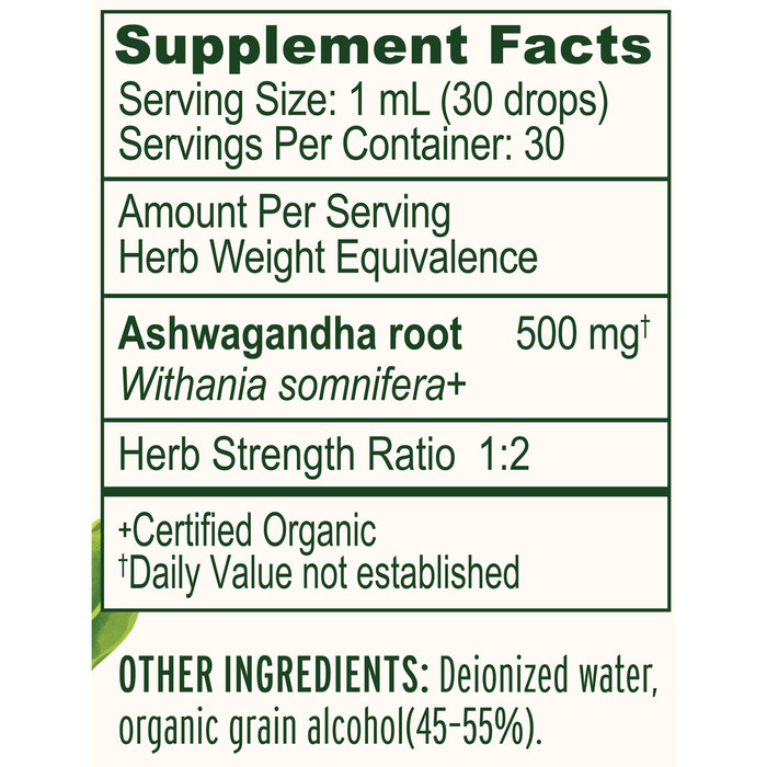 Banyan Botanicals Organic Ashwagandha Liquid Extract 1 fl oz supplement facts label