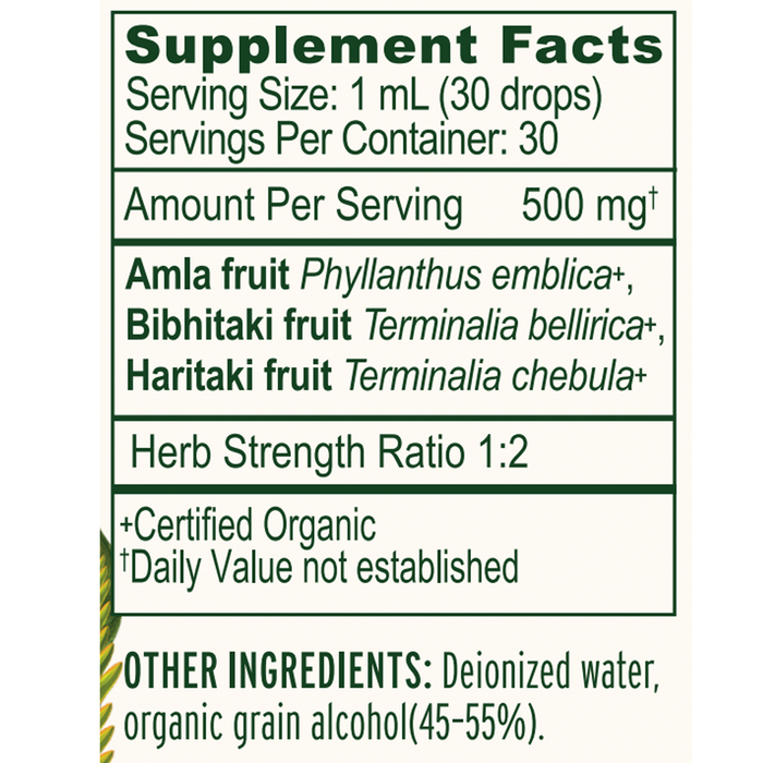 Banyan Botanicals Organic Triphala Liquid Extract 1 oz Supplement Facts
