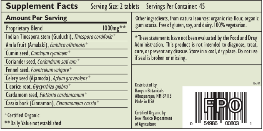 Banyan Botanicals Pitta Digest Supplement Facts