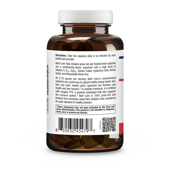 An amber glass bottle of PhysioForms Beef Liver New Zealand capsules, showing the back label with directions, a barcode, and a QR code on a white background.