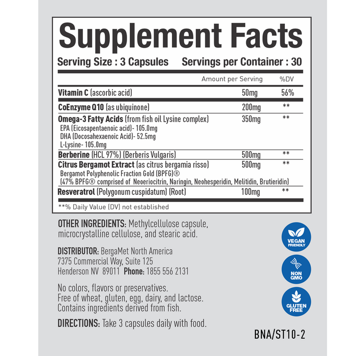 Bergamet Stat10 CoQ10+ 90 capsules supplement facts label