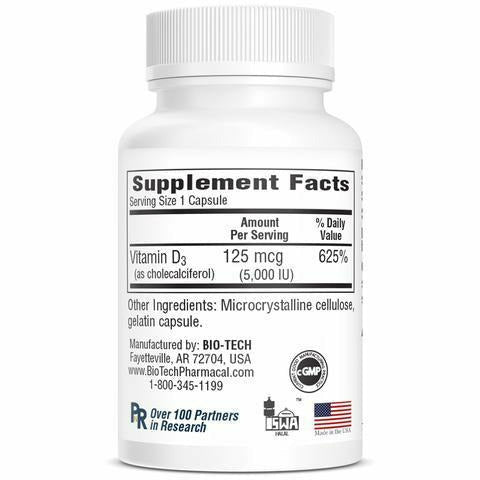 Bio-Tech D3-5 5000 IU 100 capsules supplement facts label