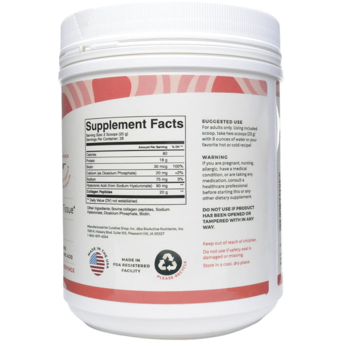 BioActive Nutrients Unflavored Collagen with Hyaluronic Acid 20 oz supplement facts label
