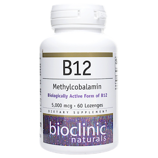 Bioclinic Naturals B12 Methylcobalamin 5000 mcg, 60 lozenges, front of bottle