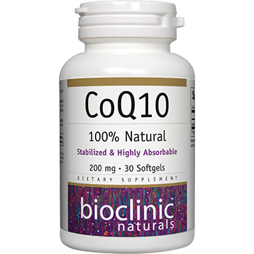 Bioclinic Naturals CoQ10 200 mg, 30 softgels, front of bottle