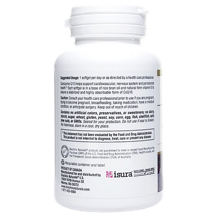 Bioclinic Naturals CoQ10 400 mg 30 softgels suggested use label