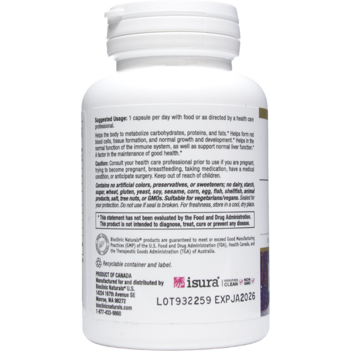 Bioclinic Naturals Enhanced B Complex 60 capsules suggested use label