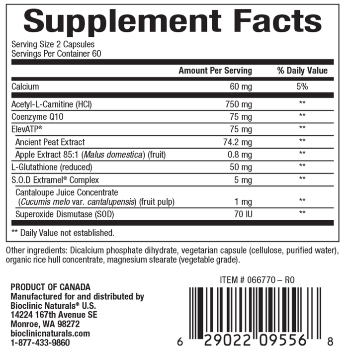 Bioclinic Naturals Mitochondrial Formula 120 capsules supplement facts label