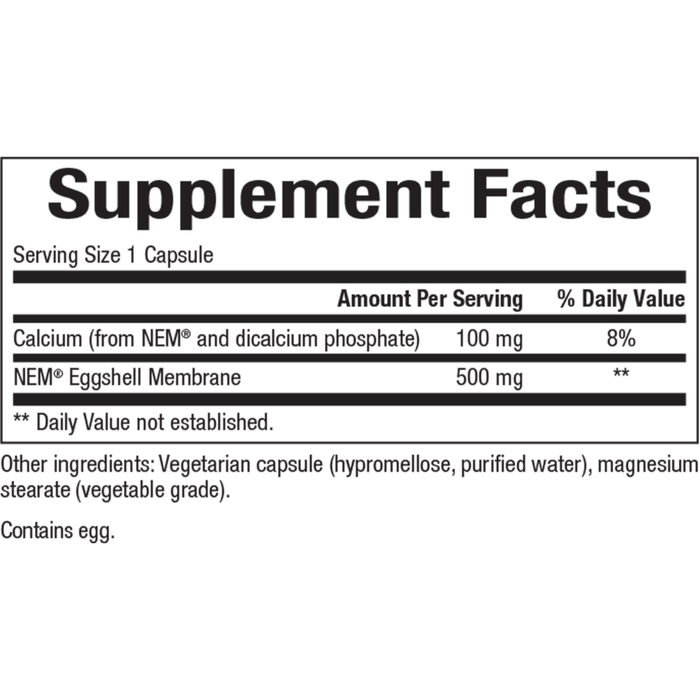 Bioclinic Naturals NEM Eggshell Membrane 500 mg 60 capsules supplement facts label