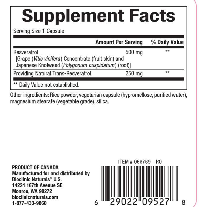 Bioclinic Naturals Resveratrol 60 capsules supplement facts label