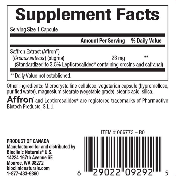 Bioclinic Naturals Saffron Extract 28 mg 30 capsules supplement facts label