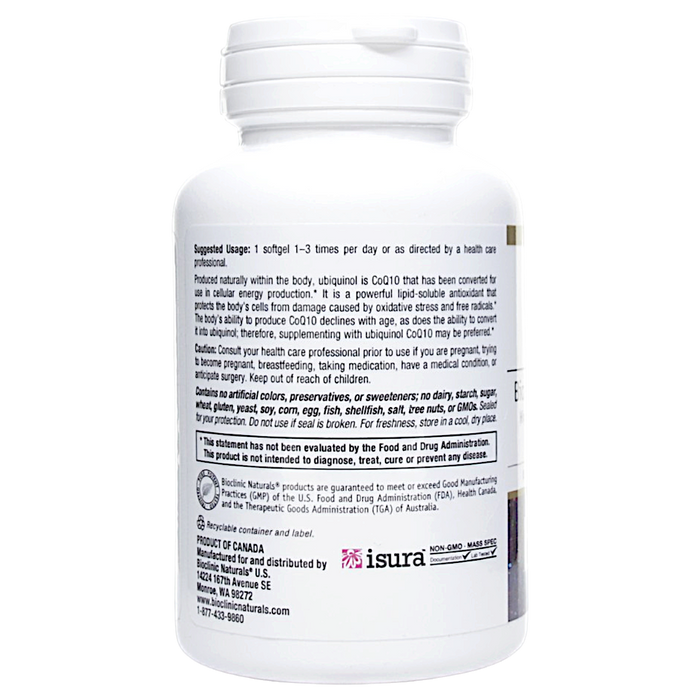 Bioclinic Naturals Ubiquinol CoQ10 100 mg 60 softgels suggested use label