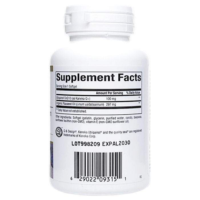 Bioclinic Naturals Ubiquinol CoQ10 100 mg 60 softgels supplement facts label