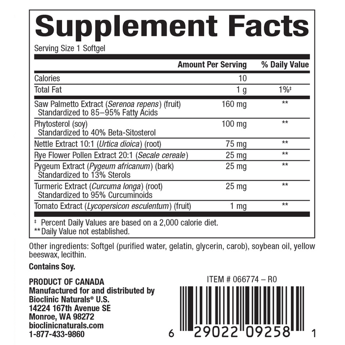 Bioclinic Naturals Ultimate Prostate Support 60 softgels supplement facts label