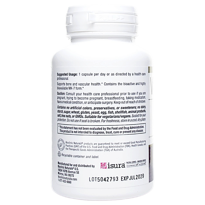 Bioclinic Naturals Vitamin K2 100 mcg 90 capsules suggested use label