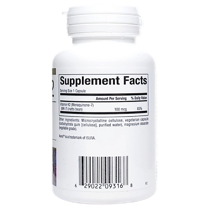Bioclinic Naturals Vitamin K2 100 mcg 90 capsules supplement facts label