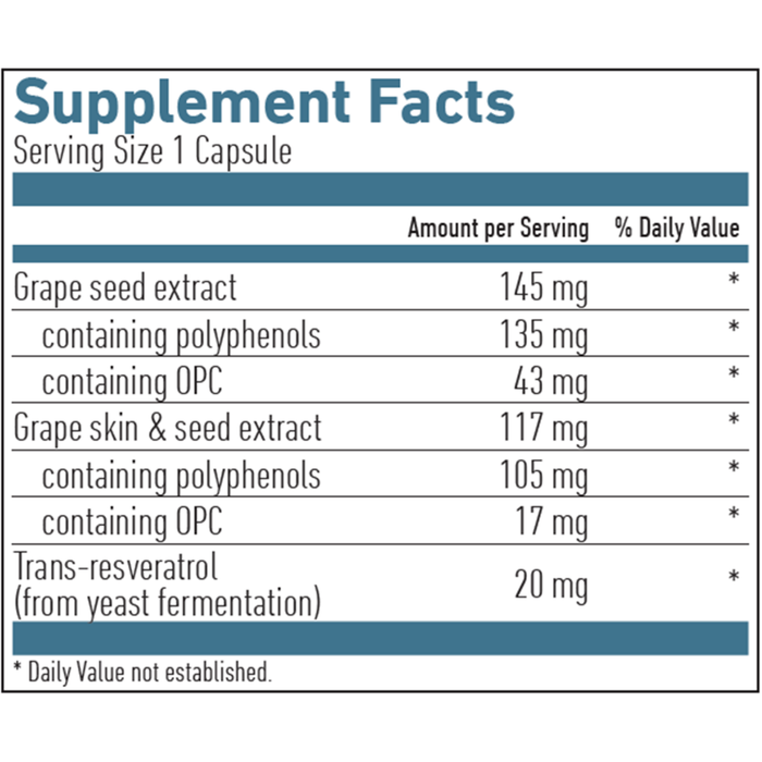 Biogena OPC Resveratrol Formula 60 capsules supplement facts label