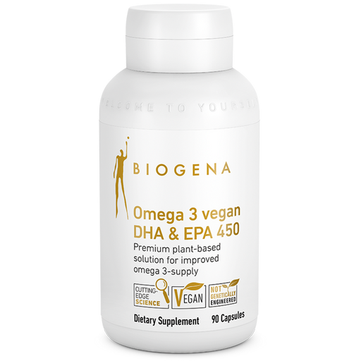 Biogena Vegan Omega 3 DHA & EPA 450, 90 capsules, front of bottle