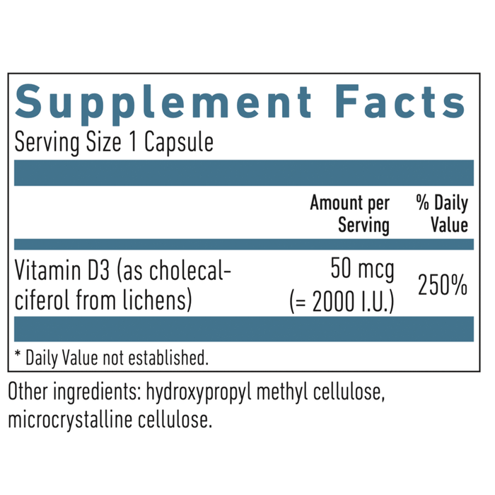 Biogena Vitamin D 2000 Vegan 180 capsules supplement facts label