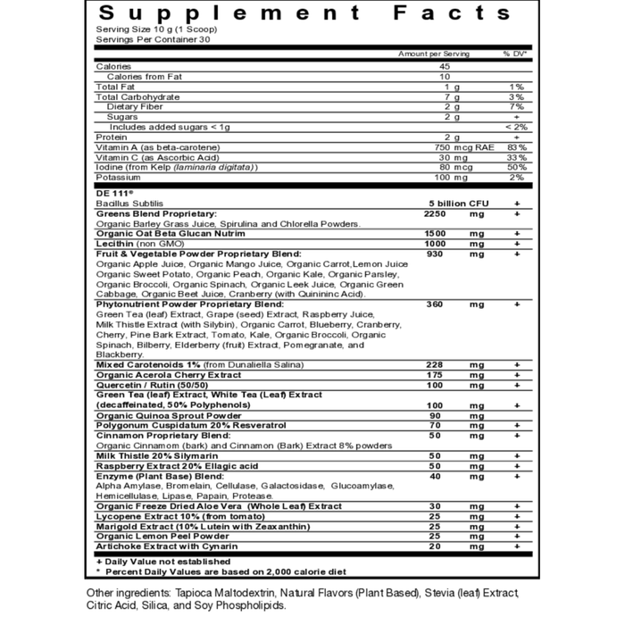 BioPharma Scientific NanoGreens 10+ Probiotic Strawberry 10.6 oz supplement facts label