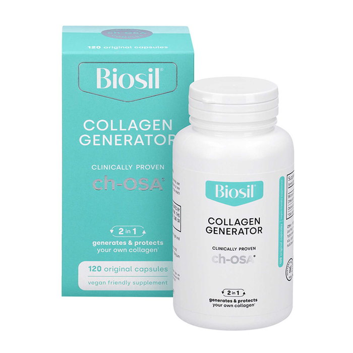 Biosil Collagen Generator, 120 vegan capsules, front of box and bottle